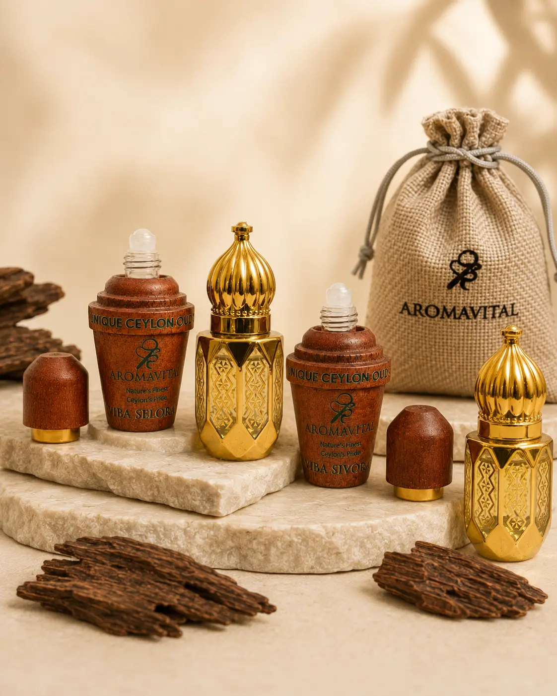 A collection of Aromavitae essential oils showcasing various bottle sizes and custom labels.